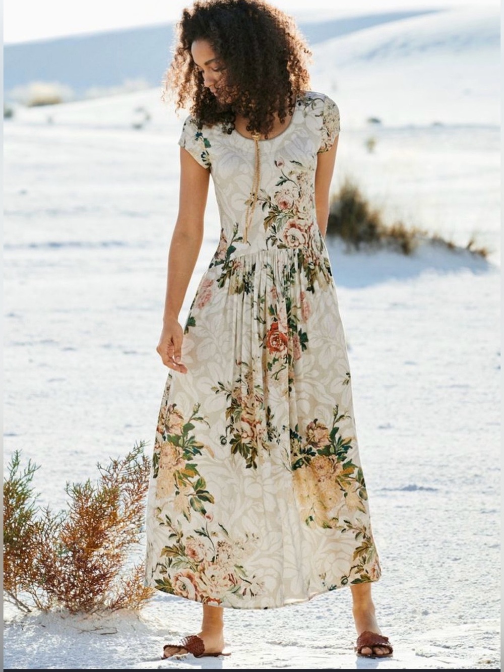 Peruvian Connection Saltarello Floral Maxi Dress with Pink & Green Accents